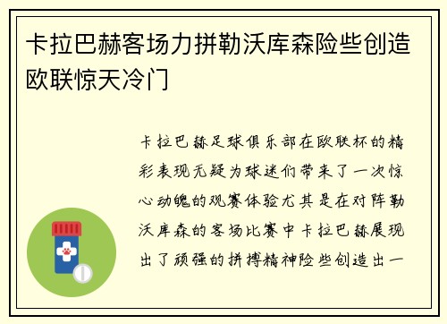 卡拉巴赫客场力拼勒沃库森险些创造欧联惊天冷门 卡拉巴赫客场力拼勒沃库森险些创造欧联惊天冷门